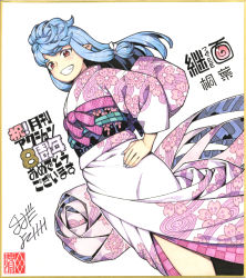 Rule 34 | 1girl, :d, blue hair, cherry blossom print, commentary request, floral print, grin, hamada yoshikazu, hand on own hip, highres, japanese clothes, kimono, kiriha (tsugumomo), long hair, looking at viewer, nail polish, obi, official art, open mouth, pink kimono, pointy ears, red eyes, sash, shikishi, signature, simple background, smile, solo, tsugumomo, white background, white nails