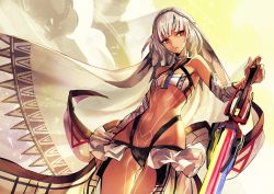Rule 34 | 10s, 1girl, altera (fate), arm warmers, bare shoulders, bikini, black bikini, blunt bangs, breasts, cape, choker, collarbone, cowboy shot, dark-skinned female, dark skin, detached sleeves, fate/extella, fate/extra, fate/grand order, fate (series), frilled skirt, frills, full-body tattoo, gluteal fold, groin, headpiece, holding, holding sword, holding weapon, layered skirt, mismatched bikini, navel, open mouth, parted lips, photon ray (fate), red eyes, revealing clothes, short hair, showgirl skirt, skirt, small breasts, solo, standing, swimsuit, sword, tattoo, thigh gap, thong bikini, underwear, veil, waist cape, weapon, white bikini, white hair, white skirt, yoshimo (yoshimo1516)
