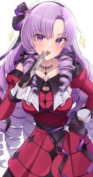 Rule 34 | 1girl, absurdres, black gloves, black hairband, claw ring, dress, drill hair, gloves, hairband, highres, hyakumantenbara salome, hyakumantenbara salome (1st costume), light purple hair, looking at viewer, nijisanji, off-shoulder dress, off shoulder, ojou-sama pose, pang-yo, parted bangs, purple hairband, purple ribbon, red dress, red sleeves, ribbon, scorpion tattoo, solo, tattoo, virtual youtuber, white background