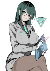 Rule 34 | 1girl, absurdres, allmind (armored core 6), armored core, armored core 6, black hair, black shirt, blunt bangs, crossed legs, earrings, formal, glass, grey suit, han megumi, highres, holding, holding tablet pc, jewelry, las91214, long hair, office lady, original, pencil skirt, shirt, sitting, skirt, suit, tablet pc, voice actor