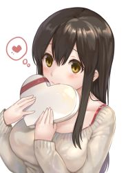 Rule 34 | 10s, 1girl, akagi (kancolle), alternate costume, black hair, blush, box, breasts, brown eyes, casual, collarbone, commentary request, fukuroumori, hair between eyes, heart, heart-shaped box, holding, kantai collection, large breasts, long hair, long sleeves, looking at viewer, simple background, smile, solo, spoken heart, sweater, valentine, white background