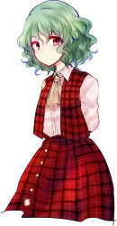 Rule 34 | 1girl, arms behind back, ascot, green hair, kazami yuuka, looking at viewer, open clothes, open vest, red eyes, shirt, simple background, skirt, skirt set, solo, touhou, uranaishi (miraura), vest, white background