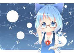 Rule 34 | circled 9, 1girl, akisha, bad id, bad pixiv id, bespectacled, blue eyes, blue hair, book, bow, cirno, female focus, glasses, hair bow, ice, looking at viewer, matching hair/eyes, short hair, smile, solo, touhou, wings