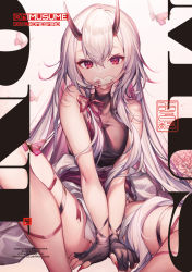 Rule 34 | 1girl, between legs, black gloves, blood, breasts, bug, butterfly, comiket 99, commentary request, cover, fingernails, gag, gloves, hair between eyes, hair intakes, highres, horns, improvised gag, insect, komeshiro kasu, long hair, looking at viewer, medium breasts, nail polish, original, red eyes, red nails, red ribbon, ribbon, silver hair, sitting, sleeveless, solo, tape, tape gag