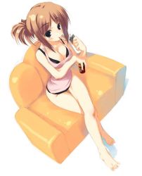 Rule 34 | 1girl, alcohol, barefoot, beer, bikini, bottomless, breasts, cigarette, cleavage, couch, drink, feet, kagome (traumatize), crossed legs, lighter, medium breasts, sitting, smoking, solo, swimsuit, tank top, toes