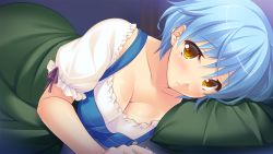 Rule 34 | 1girl, ayase hazuki, bed, bed sheet, blue hair, blush, breasts, cleavage, fukami isana, game cg, kamidere, large breasts, looking at viewer, lying, on side, pillow, short hair, solo, tan, tanline, yellow eyes