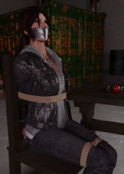Rule 34 | 1girl, 3d, arms behind back, ball gag, bdsm, bondage, bound, bound legs, breasts, brown eyes, brown hair, gag, gagged, improvised gag, iorel-renders, jewelry, lara croft, looking up, necklace, tape, tape gag, tied to chair, tomb raider, variant set
