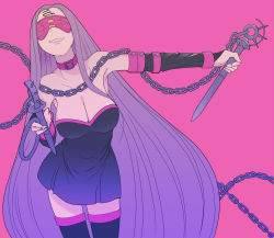 Rule 34 | 1girl, bare shoulders, blindfold, breasts, buckle, chain, cleavage, collar, dagger, dress, facial mark, fate/stay night, fate (series), forehead mark, grin, knife, large breasts, lips, long hair, medusa (fate), medusa (rider) (fate), nameless dagger (fate), purple background, purple hair, rota (bitmap1022), simple background, smile, solo, thighhighs, very long hair, weapon