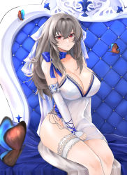 Rule 34 | 1girl, absurdres, azur lane, blue butterfly, blue scarf, breasts, bug, butterfly, china dress, chinese clothes, doinaka, dress, elbow gloves, evening gown, fingerless gloves, gloves, grey hair, highres, insect, large breasts, long hair, looking at viewer, mole, mole under eye, no panties, red eyes, saint-louis (azur lane), saint-louis (holy knight&#039;s resplendence) (azur lane), saint-louis (holy knight&#039;s resplendence) (azur lane), scarf, sitting, sleeveless, sleeveless dress, solo, white dress, white gloves