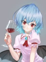 Rule 34 | 1girl, ascot, bat wings, black wings, blue brooch, blue hair, breasts, brooch, closed mouth, collared shirt, cup, drinking glass, frilled shirt, frilled sleeves, frills, grey background, hair between eyes, hat, head tilt, highres, holding, holding cup, jewelry, looking at viewer, medium hair, nail polish, no headwear, petarikooo, pink shirt, puffy short sleeves, puffy sleeves, red ascot, red eyes, red nails, red wine, remilia scarlet, shirt, short sleeves, simple background, small breasts, smile, solo, touhou, unworn hat, unworn headwear, upper body, wine, wine glass, wings
