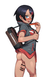 Rule 34 | 1boy, absurdres, androgynous, ass, backpack, bag, bar censor, black hair, blue eyes, blush, bottomless, censored, creatures (company), embarrassed, from behind, game freak, goh (pokemon), hair ornament, hairclip, highres, hood, hoodie, looking at viewer, male focus, nintendo, open mouth, otonashi (otonashi5959), penis, pokemon, pokemon (anime), pokemon journeys, short sleeves, simple background, solo, sweat, teeth, testicles, tongue, white background