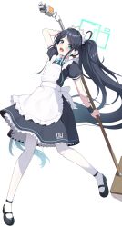 Rule 34 | 1girl, apron, aris (blue archive), aris (maid) (blue archive), back, black footwear, black hair, blue archive, blue eyes, bow, bowtie, broom, collared dress, dress, full body, halo, highres, holding, holding broom, long hair, maid apron, maid headdress, mary janes, miso (misomiso 154), open mouth, pantyhose, shoes, short sleeves, side ponytail, simple background, smile, solo, strappy heels, very long hair, white background, white pantyhose, wristband
