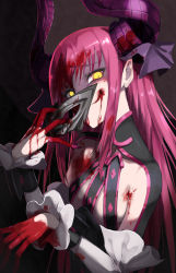 Rule 34 | 1girl, artist request, blood, blood in mouth, blood on hands, breasts, elizabeth bathory (fate), elizabeth bathory (fate/extra ccc), elizabeth bathory (first ascension) (fate), fate (series), glowing, glowing eyes, horns, long hair, looking at viewer, mask, small breasts, solo