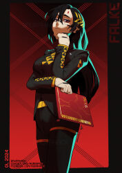 Rule 34 | 1girl, adapted costume, android, aurahack, black hair, black jacket, black pants, breasts, character name, commentary, english commentary, falke (signalis), folder, formal, highres, holding, holding folder, jacket, large breasts, laurel crown, long hair, office lady, pale skin, pant suit, pants, penrose triangle, red background, red eyes, robot girl, signalis, solo, standing, suit