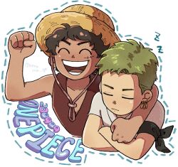Rule 34 | 2boys, arm around neck, black hair, clenched hand, closed eyes, commentary, copyright name, dark-skinned male, dark skin, dated, earrings, green hair, hat, jewelry, male focus, monkey d. luffy, multiple boys, multiple earrings, one piece, one piece (live action), open mouth, roronoa zoro, smile, sun hat, symbol-only commentary, tamaki26j, zzz