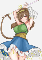 Rule 34 | 1girl, absurdres, armpits, arms behind head, arms up, bare shoulders, blush, breasts, brown eyes, brown hair, closed mouth, commentary request, cowboy shot, detached sleeves, dress, frilled dress, frills, hair ornament, highres, holding, holding staff, holding weapon, kuraki, looking to the side, medium breasts, medium hair, monkey tail, red eyes, sideboob, simple background, single sleeve, sleeveless, smile, solo, son biten, staff, standing, tail, tail wrap, thighs, touhou, unfinished dream of all living ghost, weapon, white background