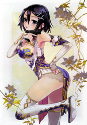 Rule 34 | 1girl, absurdres, artist request, asagiri asagi, ass, bare shoulders, black hair, blush, boots, breasts, china dress, chinese clothes, cleavage, cleavage cutout, clothing cutout, detached sleeves, dress, flower, from side, glock, gun, hair between eyes, hair ornament, hairclip, handgun, highres, leaning forward, leg up, nippon ichi, no panties, open mouth, phantom kingdom, pinky out, pistol, purple eyes, scan, side slit, solo, sweatdrop, thigh boots, thighhighs, trigger discipline, weapon, white thighhighs