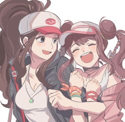 Rule 34 | 2girls, :d, alternate costume, blue eyes, blush, breasts, brown hair, choker, closed eyes, commentary request, creatures (company), game freak, happy, hat, high ponytail, hilda (pokemon), jacket, korean commentary, medium breasts, memoji 7672, multi-tied hair, multiple girls, nintendo, off shoulder, open mouth, pokemon, pokemon bw, pokemon bw2, rosa (pokemon), sidelocks, smile, teeth, upper body, upper teeth only, white background, white headwear