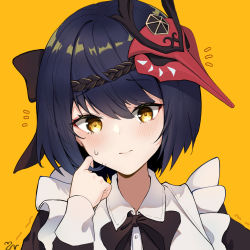 Rule 34 | 1girl, alternate costume, bird mask, black bow, black bowtie, black hair, blush, bow, bowtie, embarrassed, genshin impact, hair bow, twirling hair, highres, kujou sara, looking at viewer, mask, mask on head, short hair, simple background, solo, sweatdrop, upper body, yellow background, yellow eyes, yunr