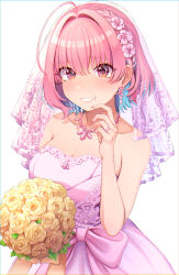 Rule 34 | absurdres, ahoge, aqua hair, armpit crease, bare shoulders, blush, bob cut, bouquet, breasts, bridal veil, cleavage, collarbone, dress, earrings, fingernails, flower, glint, grin, hair intakes, haohao chaozu, highres, holding, holding bouquet, idolmaster, idolmaster cinderella girls, jewelry, large breasts, looking at viewer, multicolored hair, nail polish, necklace, pink dress, pink hair, ring, rose, simple background, smile, two-tone hair, veil, wedding dress, wedding ring, white background, yellow flower, yellow rose, yumemi riamu
