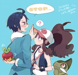 Rule 34 | 1boy, 1girl, ?, ahoge, apple, applin, axew, baseball cap, blue background, blue hair, blush, brown hair, cheren (pokemon), closed mouth, collarbone, colored skin, commentary request, creatures (company), dated, food, fruit, game freak, gen 5 pokemon, gen 8 pokemon, glasses, green skin, hat, highres, hilda (pokemon), holding, holding pokemon, long hair, misha (ohds101), nintendo, open mouth, poke ball symbol, pokemon, pokemon (creature), pokemon bw, ponytail, red eyes, round eyewear, shirt, short hair, simple background, speech bubble, thought bubble, translation request, watch, white shirt, worm, wristwatch