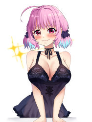 Rule 34 | 1girl, ahoge, armpit crease, babydoll, bare arms, bare shoulders, black babydoll, black choker, blue hair, blush, breasts, chikinfireo, choker, collarbone, colored inner hair, doyagao, frilled babydoll, frown, glint, hair intakes, hand on table, highres, idolmaster, idolmaster cinderella girls, idolmaster cinderella girls starlight stage, lace-trimmed babydoll, lace trim, large breasts, light blue hair, lingerie, looking at viewer, multicolored hair, pink eyes, pink hair, short twintails, simple background, smug, solo, twintails, two-tone hair, underwear, white background, yumemi riamu