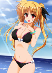 Rule 34 | 1girl, beach, bikini, black bikini, blonde hair, blue sky, bracelet, breasts, cleavage, cloud, commentary request, cowboy shot, day, covered erect nipples, fate testarossa, highres, horizon, jewelry, large breasts, light rays, long hair, looking at viewer, lyrical nanoha, mahou shoujo lyrical nanoha strikers, ocean, oda ken&#039;ichi, outdoors, red eyes, sky, smile, solo, sunbeam, sunlight, swimsuit, twintails, water
