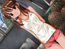 Rule 34 | 1girl, 4:3, arms behind back, ball, bare arms, bare shoulders, basketball, blue sky, blush, brown eyes, brown hair, cameltoe, closed mouth, cloud, collarbone, cowboy shot, day, dutch angle, game cg, gym storeroom, gym uniform, indoors, koi suru science, long hair, looking at viewer, mame, matching hair/eyes, plant, ponytail, red shorts, shorts, sky, smile, solo, standing, thigh gap, tree, window