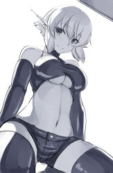 Rule 34 | 1girl, arms at sides, bad id, bad pixiv id, bare shoulders, belko, blush, breasts, buttons, crop top, elbow gloves, from below, gloves, greyscale, kneeling, looking at viewer, looking down, medium breasts, monochrome, original, pointy ears, short hair, short shorts, shorts, simple background, sketch, smile, solo, thighhighs, underboob, white background