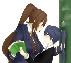 Rule 34 | 10s, 2girls, alternate costume, artist request, black hair, blue eyes, blush, book, breasts, brown eyes, brown hair, chalkboard, collar, eyebrows, height difference, houshou (kancolle), huge breasts, kantai collection, long hair, long sleeves, multiple girls, necktie, open book, open mouth, ponytail, udon-udon, yamato (kancolle), yuri