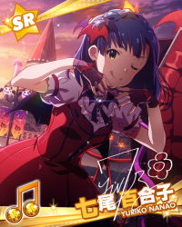 Rule 34 | 10s, 1girl, ;p, bat (animal), bat hair ornament, beamed quavers, blue hair, card (medium), castle, character name, fingerless gloves, gloves, hair ornament, idolmaster, idolmaster million live!, looking at viewer, musical note, my dear vampire, nanao yuriko, official art, one eye closed, signature, smile, solo, tongue, tongue out, vampire
