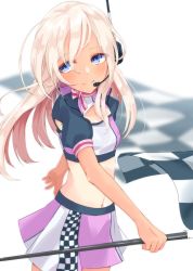 Rule 34 | 1girl, adapted costume, alakoala, blonde hair, blue eyes, blush, checkered flag, closed mouth, cowboy shot, flag, highres, holding, holding flag, kantai collection, long hair, multicolored clothes, multicolored skirt, navel, one-piece tan, puffy short sleeves, puffy sleeves, race queen, ro-500 (kancolle), short sleeves, simple background, skirt, smile, solo, tan, tanline, white background