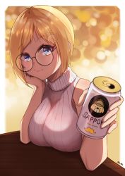 Rule 34 | 1girl, absurdres, alternate costume, blonde hair, blue eyes, bob cut, breasts, can, closed mouth, drink can, glasses, hair ornament, hand on own cheek, hand on own face, highres, holding, hololive, hololive english, looking at viewer, mole, mole under eye, nannachu7, ribbed sweater, short hair, sleeveless, sleeveless turtleneck, smile, soda can, solo, sweater, table, turtleneck, turtleneck sweater, virtual youtuber, watson amelia