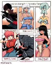 Rule 34 | 3boys, 3girls, amamiya ren, armlet, arsene (persona 5), atlantean, atlantis: the lost empire, bandeau, bangle, bare shoulders, between thighs, black coat, black hair, blue bracelet, blue eyes, blue pants, blue skirt, blunt bangs, bracelet, braid, breasts, brown eyes, character name, chel (the road to el dorado), chinese clothes, clothes lift, coat, copyright name, crossed arms, crossover, dagger, dark-skinned female, dark skin, earrings, english text, facial mark, formal, gloves, hashtag, highres, holding, holding dagger, holding knife, holding weapon, jacket, jewelry, kenron toqueen, kidagakash, klyntar, knife, large breasts, loincloth, long hair, long tongue, looking at viewer, marvel, mask, medium breasts, multiple boys, multiple crossover, multiple drawing challenge, multiple girls, muscular, navel, necklace, open mouth, p-chan, pants, pelvic curtain, pelvic curtain lift, persona, persona 5, pig, purple eyes, ranma-chan, ranma 1/2, red gloves, red hair, red jacket, sash, sharp teeth, shirt, single braid, six fanarts challenge, skirt, smile, spider-man (series), spongebob squarepants (series), squid, squidward tentacles, strapless, suit, sweatband, symbiote, tangzhuang, teeth, the road to el dorado, thick thighs, thighs, tongue, tongue out, tube top, venom (marvel), weapon, white hair, wide hips, yellow shirt
