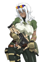 Rule 34 | 1girl, breasts, cameltoe, combat gear, dark skin, dark-skinned female, enoshima iki, covered erect nipples, glasses, gloves, gun, impossible clothes, impossible shirt, large breasts, military operator, original, shirt, solo, taut clothes, taut shirt, weapon, white hair