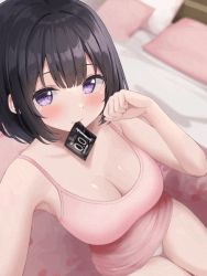 Rule 34 | 1girl, animated, animated gif, artist request, bare shoulders, bed, bedroom, black hair, bouncing breasts, breasts, censored, cleavage, collarbone, condom, condom in mouth, inoue yurina, karutamo, large breasts, looking at viewer, mouth hold, narrow waist, on bed, panties, petite, purple eyes, short hair, sitting, solo, teasing, underwear