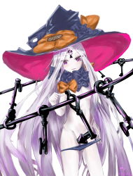 Rule 34 | 1girl, abigail williams (fate), absurdres, black bow, black panties, bow, fate/grand order, fate (series), grey hair, hat, highres, key, keyhole, long hair, looking at viewer, navel, orange bow, panties, panty pull, pink eyes, pointing, polka dot, polka dot bow, simple background, solo, underwear, very long hair, white background, witch hat
