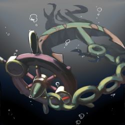 Rule 34 | air bubble, anchor, bubble, chain, commentary request, creatures (company), dhelmise, game freak, gen 7 pokemon, half-closed eye, kym, nintendo, no humans, pokemon, pokemon (creature), red eyes, ship&#039;s wheel, solo, underwater