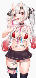 Rule 34 | 1girl, black ribbon, black skirt, body writing, bra, collar, condom, condom belt, condom on penis, fang, fellatio gesture, hair ornament, hair ribbon, heart, heart-shaped pupils, highres, hime apple, hololive, horns, jewelry, miniskirt, multicolored hair, nakiri ayame, navel, open clothes, oral invitation, panties, penis, pubic hair, red bra, red eyes, red hair, red panties, ribbon, shirt, simple background, skirt, symbol-shaped pupils, thighhighs, tongue, tongue out, translation request, underwear, used condom, used condom on penis, virtual youtuber, w, white background, white hair, white shirt, writing on breasts