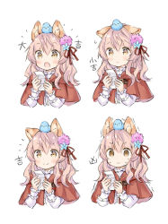 Rule 34 | animal ears, bird, blush, capelet, commentary request, empty eyes, fang, flower, hair between eyes, hair flower, hair ornament, hair ribbon, holding, holding paper, long sleeves, multiple views, notice lines, omikuji, open mouth, original, paper, pink hair, red capelet, ribbon, simple background, sitting, sitting on head, sitting on person, skin fang, smile, sweatdrop, translation request, trembling, v-shaped eyebrows, wataame27, white background, wolf-chan (wataame27), wolf ears