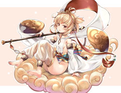 Rule 34 | 10s, 1girl, andira (granblue fantasy), animal ears, arm support, ass, barefoot, breasts, brown eyes, chestnut mouth, cloud, detached pants, detached sleeves, erune, feet, flying nimbus, from side, granblue fantasy, hinooka shuuji, long sleeves, monkey ears, monkey girl, monkey tail, no bra, open mouth, polearm, sash, shawl, sideboob, sitting, small breasts, soles, solo, tabard, tail, thighhighs, thighs, toes, two side up, weapon, wide sleeves