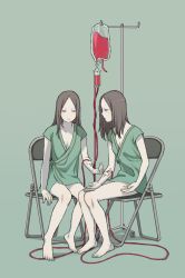 Rule 34 | 2girls, bare legs, barefoot, breasts, chair, cleavage, colored skin, expressionless, folding chair, from side, grey eyes, grey hair, hospital gown, intravenous drip, looking at another, medium hair, multiple girls, no eyebrows, original, parted bangs, profile, shokugyo, sitting, white skin