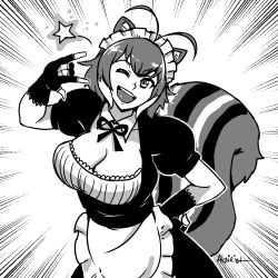 Rule 34 | 1girl, ;), \m/, akairiot, alternate costume, animal ears, antenna hair, apron, bad id, bad tumblr id, blazblue, breasts, choker, cleavage, detached collar, emphasis lines, enmaided, female focus, fingerless gloves, gloves, greyscale, large breasts, looking at viewer, maid, maid apron, maid headdress, makoto nanaya, monochrome, multicolored hair, one eye closed, open mouth, puffy short sleeves, puffy sleeves, ribbon choker, short hair, short sleeves, smile, solo, squirrel ears, squirrel tail, tail, two-tone hair, waist apron
