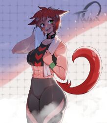 Rule 34 | 1girl, abs, animal ears, warrior of light (ff14), black leggings, black sports bra, cat ears, cat girl, cat tail, collar, commentary, commission, cowboy shot, english commentary, final fantasy, final fantasy xiv, green eyes, heterochromia, highres, leggings, miqo&#039;te, muscular, muscular female, nyantcha, open mouth, purple eyes, red hair, scar, second-party source, short hair, smile, solo, sports bra, standing, tail, teeth, tile wall, tiles, towel, towel around neck, upper teeth only, xere (xereliasho)