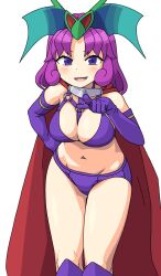 Rule 34 | 1girl, bikini, breasts, cape, cleavage, elbow gloves, gloves, highres, large breasts, looking at viewer, maruput, monster girl, navel, open mouth, purple bikini, purple eyes, purple gloves, purple hair, purple thighhighs, red cape, saga, saga frontier, short hair, simple background, smile, solo, swimsuit, thighhighs, white background