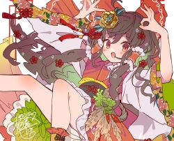 Rule 34 | 1girl, arms up, blush, boots, bow, brown hair, collar, commentary, detached sleeves, frilled bow, frilled collar, frilled hair tubes, frills, hair bow, hair tubes, hakurei reimu, highres, japanese clothes, kimono, long hair, looking at viewer, open mouth, pants, print bow, print sleeves, red bow, red eyes, red footwear, red hair tubes, red kimono, red skirt, ribbon trim, skirt, skirt set, sleeveless, sleeveless kimono, solo, tamagogayu1998, touhou, white stripes