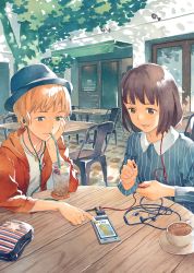Rule 34 | 2girls, absurdres, blonde hair, blue eyes, brown eyes, brown hair, cable, cafe, case, cellphone, chair, coaster, collarbone, cup, drink, drinking straw, earbuds, earphones, glass, hat, head rest, highres, holding, hood, hooded jacket, jacket, jewelry, katou akatsuki, multiple girls, necklace, open clothes, open jacket, original, outdoors, parted lips, phone, pointing, saucer, shirt, short hair, smartphone, smile, star (symbol), striped, table, teacup, tree, unzipped, white shirt, zipper