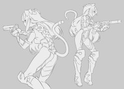 Rule 34 | 1girl, aiming, animal ears, armlet, ass, bodysuit, boots, breasts, cat ears, cat girl, cat tail, extended magazine, greyscale, gun, headgear, high heel boots, high heels, holding, holding gun, holding weapon, knee boots, large breasts, long hair, looking ahead, looking to the side, magari (c0rn3r), mass production nora cat, mechanical boots, mechanical ears, mechanical spine, mechanical tail, monochrome, multiple views, nora cat channel, profile, simple background, standing, suppressor, tail, two-handed, weapon