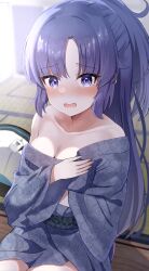 Rule 34 | 1girl, absurdres, aoraine, blue archive, blue kimono, blurry, blurry background, blush, breasts, collarbone, highres, id card, japanese clothes, kimono, long hair, long sleeves, looking at viewer, medium breasts, obi, open mouth, purple eyes, purple hair, sash, solo, tatami, wide sleeves, yuuka (blue archive)