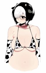 Rule 34 | 1girl, animal ears, animal print, bikini, black-framed eyewear, blush, breasts, character request, cleavage, collar, copyright request, cow print, cropped arms, cropped torso, detached sleeves, dot nose, furrowed brow, glasses, hair over one eye, highres, horns, looking to the side, medium hair, moru (monaka), multicolored hair, navel, no nose, red neckwear, shadow, solo, split mouth, straight hair, string bikini, sweatdrop, swimsuit, two-tone hair, upper body, white background